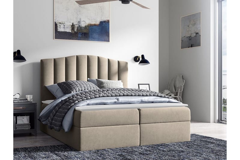 Herstello Sengepakke 120x200 cm i Fløyel med Oppbevaring og Sengegavl + Overmadrass - Beige - Møbler - Senger - Sengeramme & sengestamme