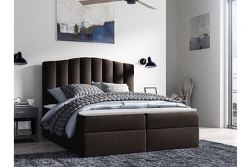Herstello Sengepakke 120x200 cm i Stoff med Oppbevaring og Sengegavl + Overmadrass - Mørkebrun - Møbler - Senger - Sengeramme & sengestamme