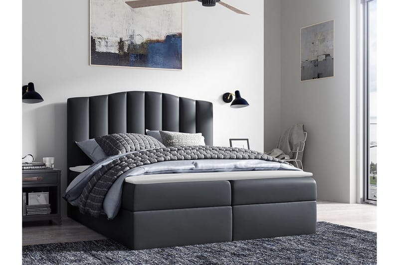 Herstello Sengepakke med Oppbevaring 120x200 cm i Kunstlær med Sengegavl + Overmadrass - Svart - Møbler - Senger - Sengeramme & sengestamme