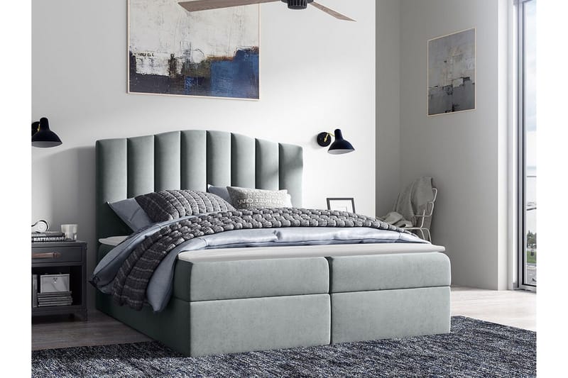 Herstello Sengepakke med Oppbevaring 120x200 cm i Stoff med Sengegavl + Overmadrass - Grå - Møbler - Senger - Sengeramme & sengestamme