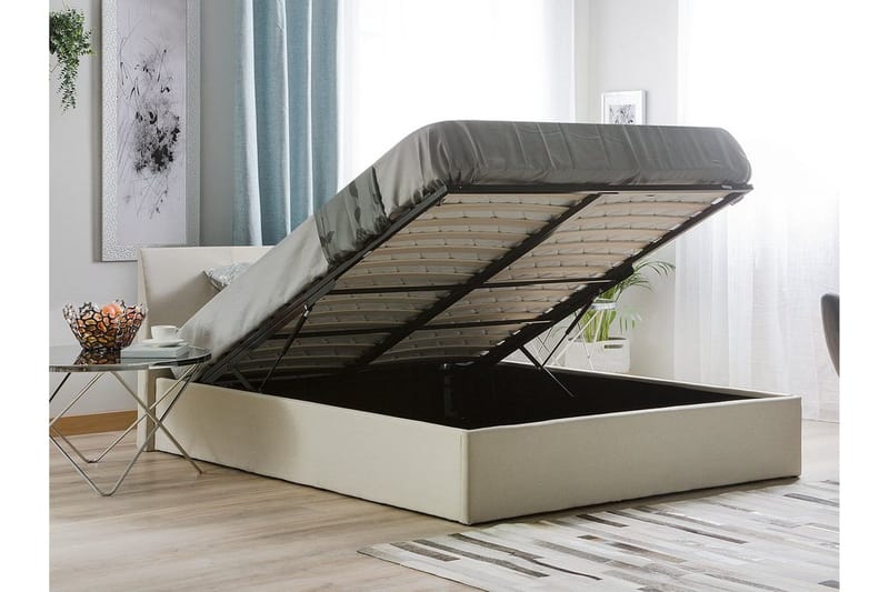 Orbey Sengeramme med Oppbevaring 160x200 cm i Stoff med Sengegavl - Beige - Møbler - Senger - Sengeramme & sengestamme