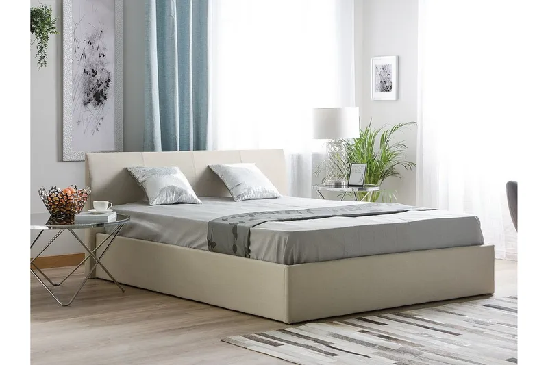 Orbey Sengeramme med Oppbevaring 160x200 cm i Stoff med Sengegavl - Beige - Møbler - Senger - Sengeramme & sengestamme