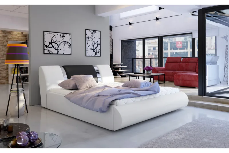 Perow Sengepakke 180x200 cm i Skinn med Sengegavl + Overmadrass, Hvit|Svart