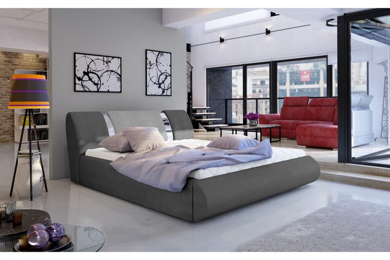 Perow Sengepakke 180x200 cm i Stoff med Sengegavl + Overmadrass, Grå