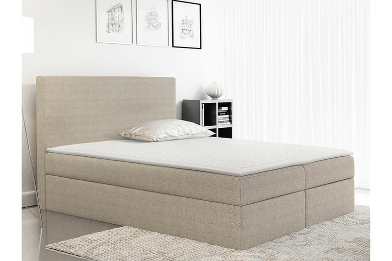 Pries Sengepakke 160x200 cm i Stoff med Sengegavl + Overmadrass med Fasthetsgrad Medium - Beige - Møbler - Senger - Sengeramme & sengestamme