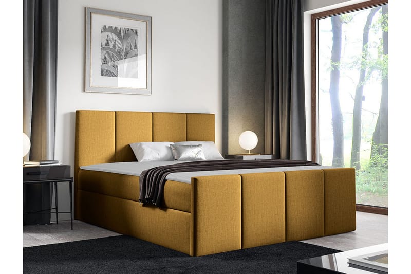 Ripon Sengepakke med Oppbevaring 120x200 cm i Stoff med Sengegavl + Overmadrass - Gul - Møbler - Senger - Sengeramme & sengestamme