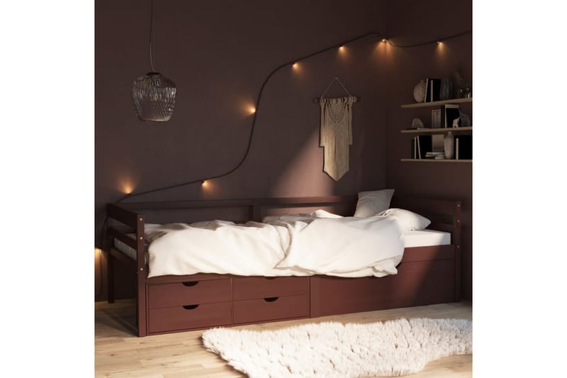 Sengeramme med skuffer og skap heltre furu 90x200 cm - Brun - Sengeramme & sengestamme