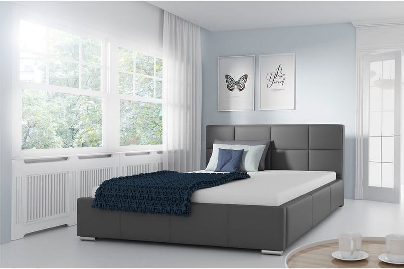 Sirdal Sengepakke 180x200 cm i Kunstlær med Oppbevaring og Sengegavl + Overmadrass - Grå - Møbler - Senger - Sengeramme & sengestamme