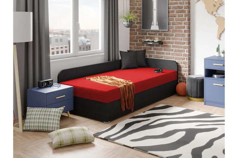 Unona Sengeramme 90x200 cm i Stoff med Oppbevaring + Sengegavl + Madrass - Svart - Møbler - Senger - Sengeramme & sengestamme