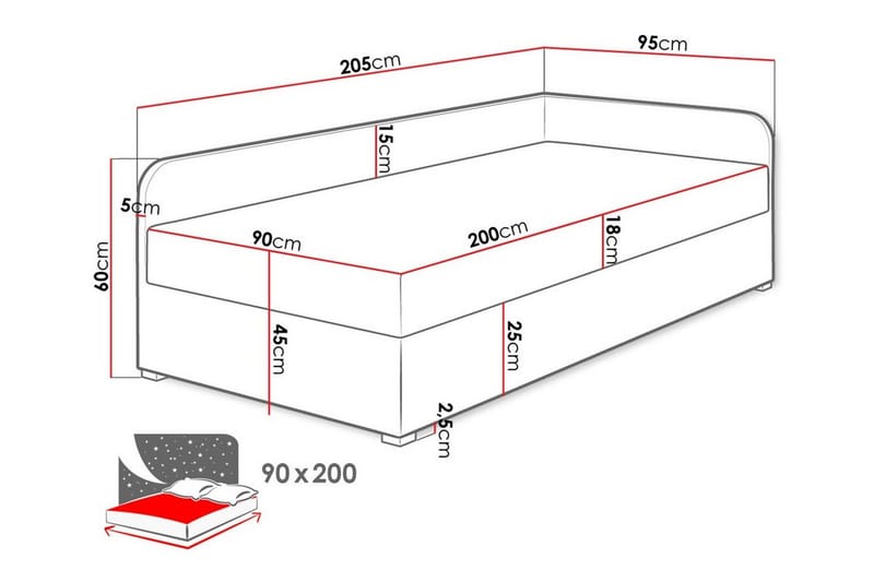 Unona Sengeramme 90x200 cm i Stoff med Oppbevaring + Sengemadrass - Rød|Svart - Møbler - Senger - Sengeramme & sengestamme