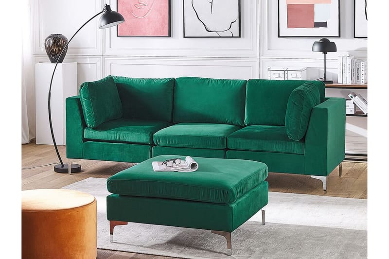 3-seters Sofa Samkom med Fotskammel - Fløyel/Grønn - 3 seter sofa