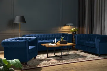 Chesterfield Lyx 3-seter Fløyelssofa – Dyp sofa - Blå - Møbler - Sofaer - 3 seter sofa