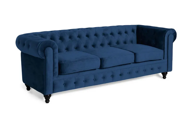 Chesterfield Lyx 3-seter Fløyelssofa – Dyp sofa - Blå - Møbler - Sofaer - 3 seter sofa