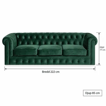 Chesterfield Lyx 3-seter Fløyelssofa – Dyp sofa - Grønn - Møbler - Sofaer - 3 seter sofa