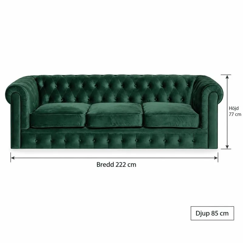 Chesterfield Lyx 3-seter Fløyelssofa – Dyp sofa - Grønn - Møbler - Sofaer - 3 seter sofa