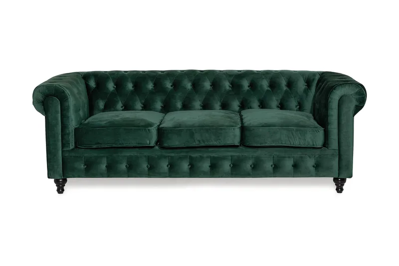 Chesterfield Lyx 3-seter Fløyelssofa – Dyp sofa, Grønn