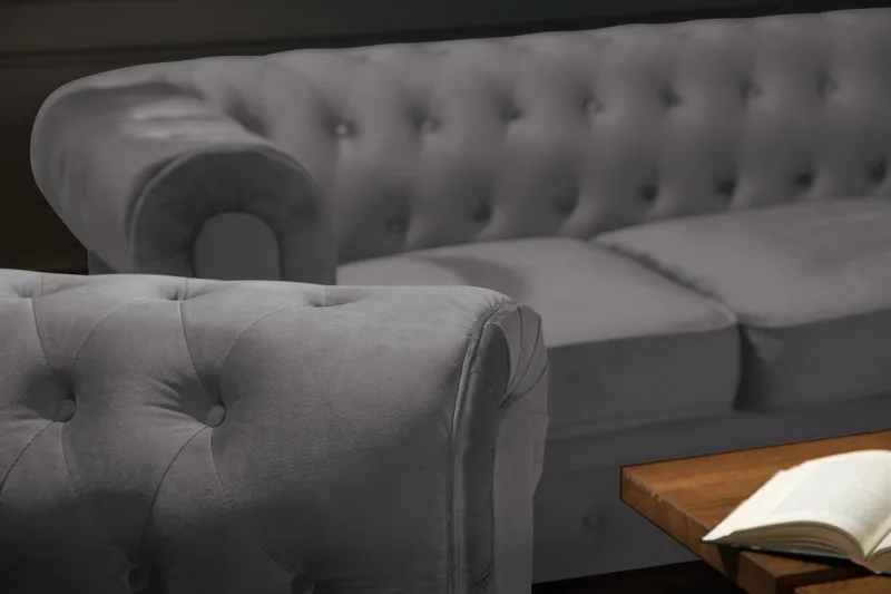 Chesterfield Lyx 3-seter Fløyelssofa – Dyp sofa - Mørkegrå - Møbler - Sofaer - 3 seter sofa