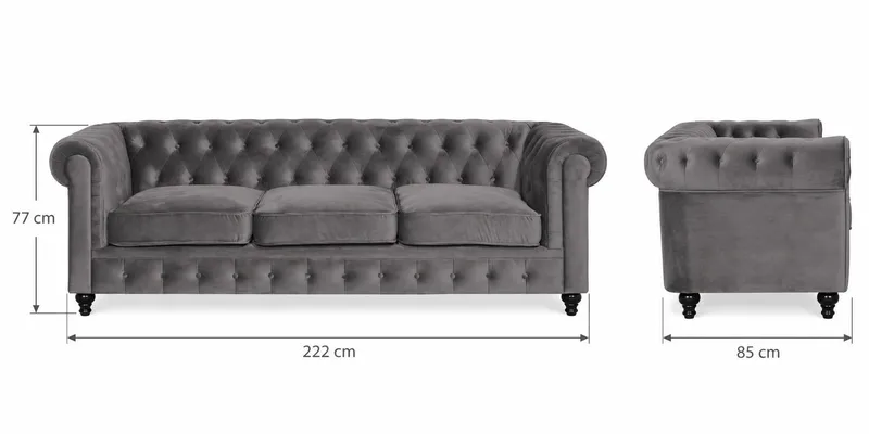 Chesterfield Lyx 3-seter Fløyelssofa – Dyp sofa - Mørkegrå - Møbler - Sofaer - 3 seter sofa