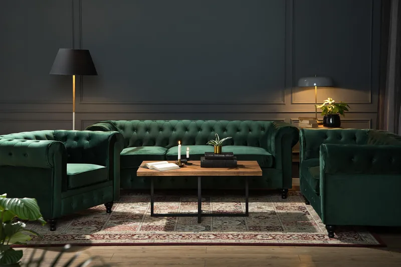 Chesterfield Lyx 3-seter Fløyelssofa – Dyp sofa - Mørkegrønn / Grønn - Møbler - Sofaer - 3 seter sofa