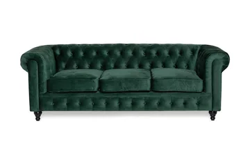 Chesterfield Lyx 3-seter Fløyelssofa – Dyp sofa - Mørkegrønn / Grønn - Møbler - Sofaer - 3 seter sofa