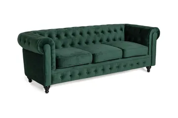 Chesterfield Lyx 3-seter Fløyelssofa – Dyp sofa - Mørkegrønn / Grønn - Møbler - Sofaer - 3 seter sofa