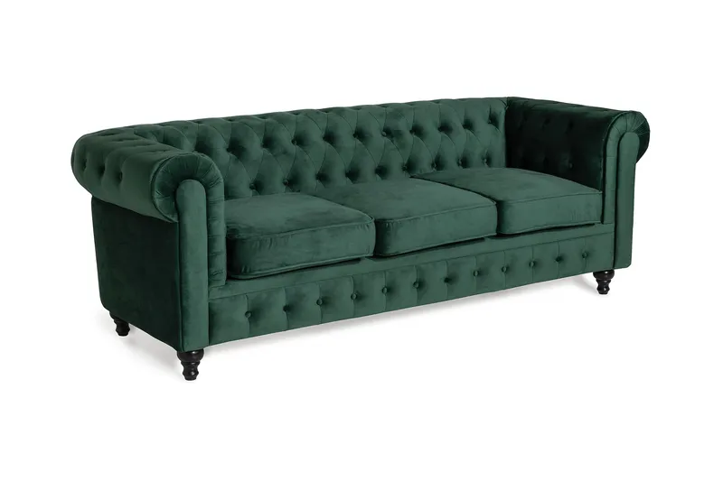 Chesterfield Lyx 3-seter Fløyelssofa – Dyp sofa - Mørkegrønn / Grønn - Møbler - Sofaer - 3 seter sofa