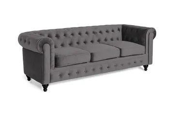 Chesterfield Lyx 3-seter Fløyelssofa – Dyp sofa - Mørkgrå / Grå - Møbler - Sofaer - 3 seter sofa