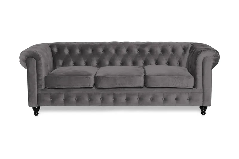 Chesterfield Lyx 3-seter Fløyelssofa – Dyp sofa, Mørkgrå / Grå