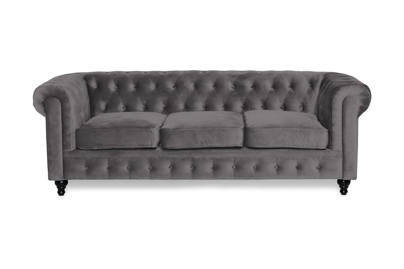 Chesterfield Lyx 3-seter Fløyelssofa – Dyp sofa, Mørkgrå / Grå