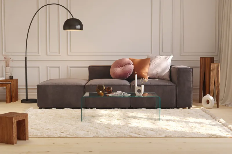 Cubo 3-seters Dyp Modulsofa + Fotskammel i Fløyel - Mørk grå - Møbler - Sofaer - Fløyelssofaer