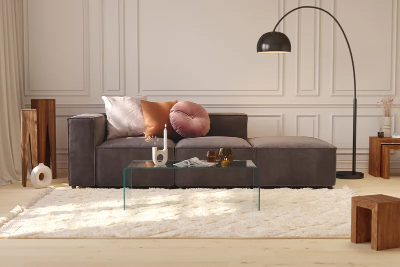 Cubo 3-seters Dyp Modulsofa + Fotskammel i Fløyel - Mørk grå - Møbler - Sofaer - Fløyelssofaer