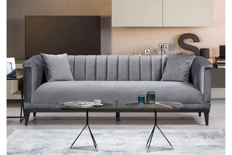 Mezonzo 3-seter Dyp Fløyelssofa 225 cm med Kanalsydd Rygg - Grå - Møbler - Sofaer - 3 seter sofa