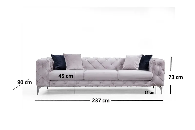 Mezonzo 3-seter Dypknappet Chesterfield Sofa 237 cm i Fløyel - Grå - Møbler - Sofaer - 3 seter sofa