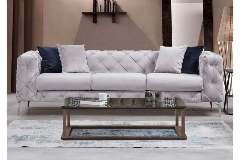 Mezonzo 3-seter Dypknappet Chesterfield Sofa 237 cm i Fløyel - Grå - Møbler - Sofaer - 3 seter sofa