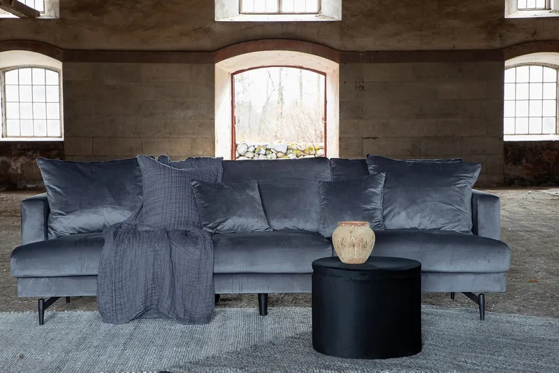 Sofia 3-seter Lav Sofa med Løse Puter i Fløyel - Grå - Møbler - Sofaer - 3 seter sofa