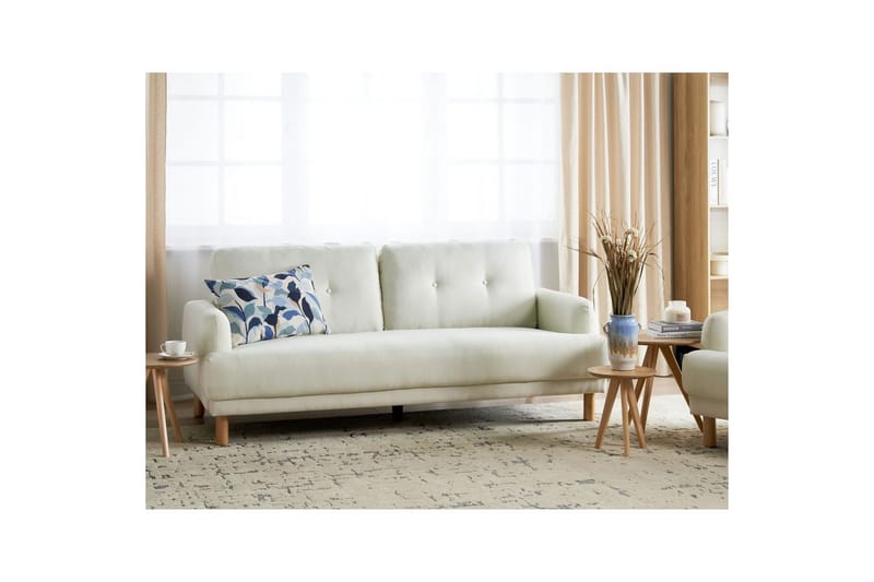 3-sitssoffa Beliani Tuve Beige, ljust trä, Bouclé Offwhite||Light colored wood - Møbler - Sofaer - 3 seter sofa