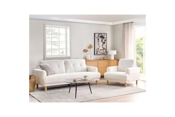 3-sitssoffa Beliani Tuve Beige, ljust trä, Bouclé White||Light colored wood - Møbler - Sofaer - 3 seter sofa