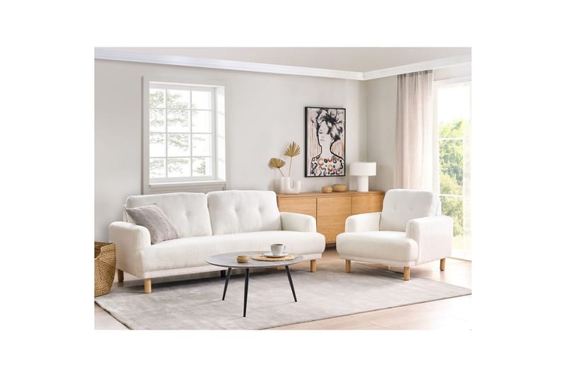 3-sitssoffa Beliani Tuve Beige, ljust trä, Bouclé White||Light colored wood - Møbler - Sofaer - 3 seter sofa