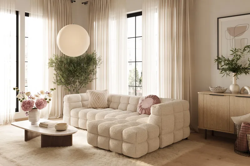 4-seters Sofa Elise med Sjeselong Venstre - Beige Teddy - Møbler - Sofaer - Sofaer med sjeselong - 4 seters sofa med divan