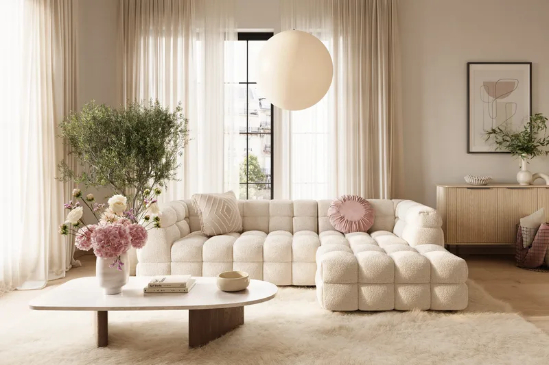 4-seters Sofa Elise med Sjeselong Venstre - Beige Teddy - Møbler - Sofaer - Sofaer med sjeselong - 4 seters sofa med divan