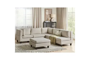 5-sits Hörnsoffa med fotpall Beliani Unstad Beige/svart, Högervänd, Polyester Beige, Black - Møbler - Sofaer - Modulsofaer - Komplett modulsofa