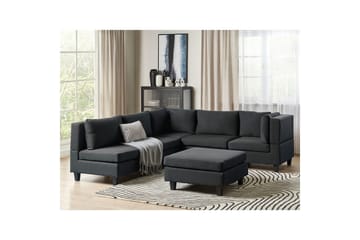 5-sits Hörnsoffa med fotpall Beliani Unstad Blå/Svart, Vänstervänd, Polyester Black - Møbler - Sofaer - Modulsofaer - Komplett modulsofa