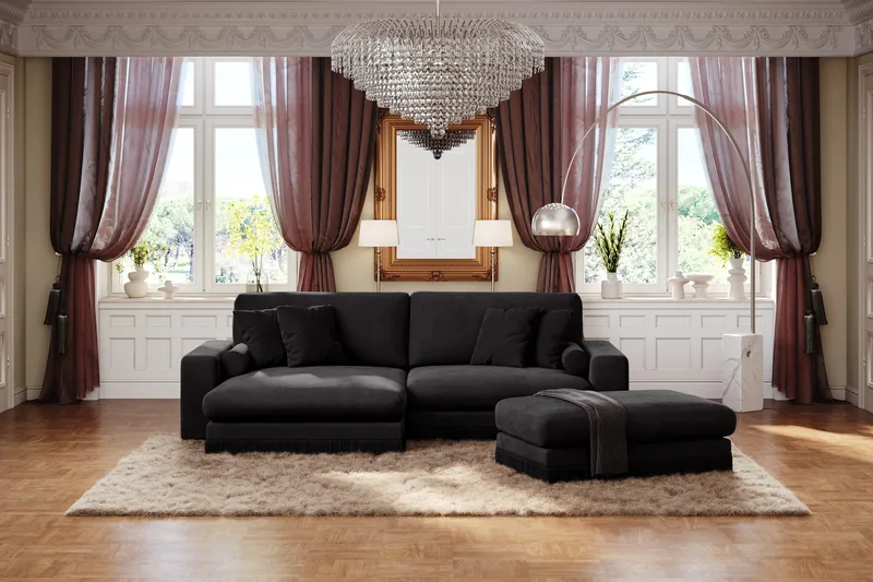 Adelsö by Gynning 4-seter Vendbar L-formet Dyp Divansofa i fløyel - Svart - Møbler - Sofaer - Sofaer med sjeselong - 4 seters sofa med divan