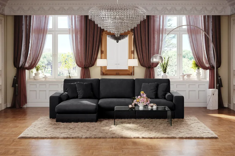 Adelsö by Gynning 5-seter Vendbar L-formet Dyp Divansofa i fløyel - Svart - Møbler - Sofaer - Fløyelssofaer