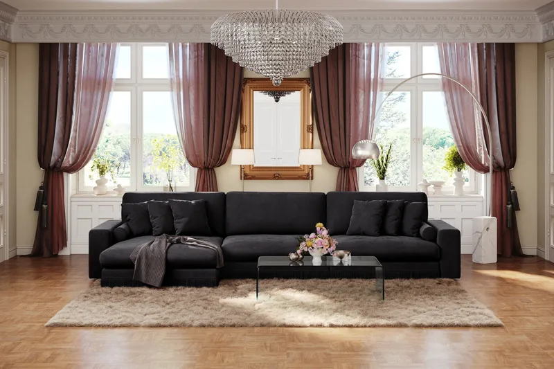 Adelsö by Gynning 6-seter Vendbar L-formet Dyp Divansofa i fløyel - Svart - Møbler - Sofaer - Fløyelssofaer