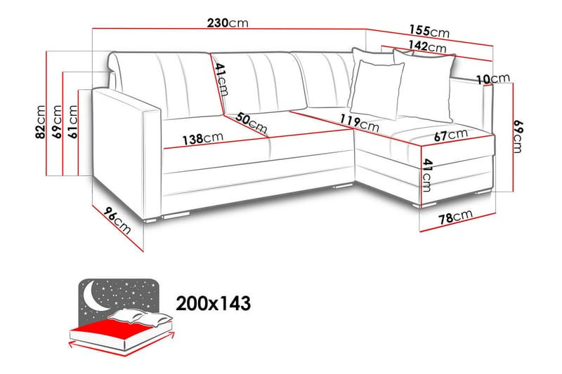 Alba 4-seters Venstrevendt L-formet Sovesofa 143x200 cm med Oppbevaring i Stoff - Grå - Møbler - Sofaer - Skinnsofaer