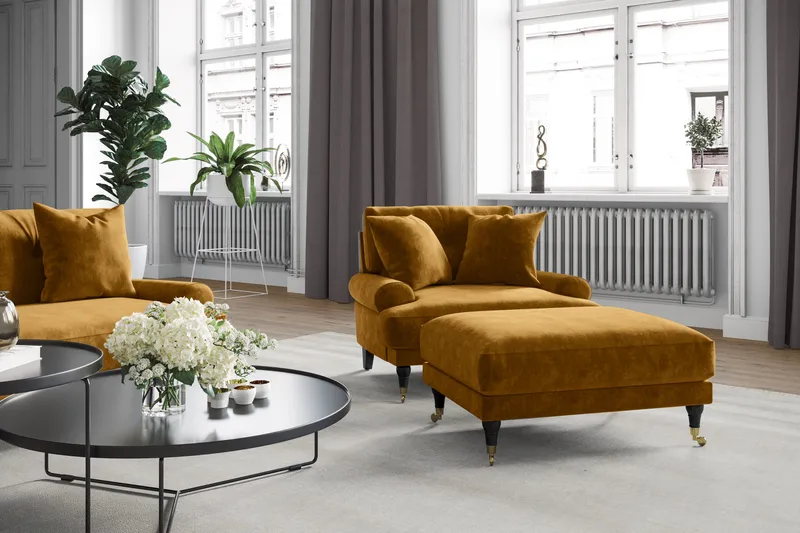 Andrew Sofagruppe 3-seter + 2-seter Sofa + Lenestol + Fotskammel i Fløyel - Mørk gul - Møbler - Sofaer - Fløyelssofaer