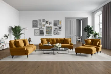 Andrew Sofagruppe 3-seter + 2-seter Sofa + Lenestol + Fotskammel i Fløyel - Mørk gul - Møbler - Sofaer - Fløyelssofaer