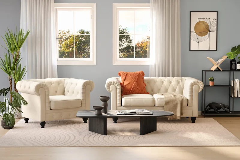 Chesterfield Lyx 2-seter Fløyelssofa – Liten dyp sofa - Beige Fløyel - Møbler - Sofaer - Fløyelssofaer