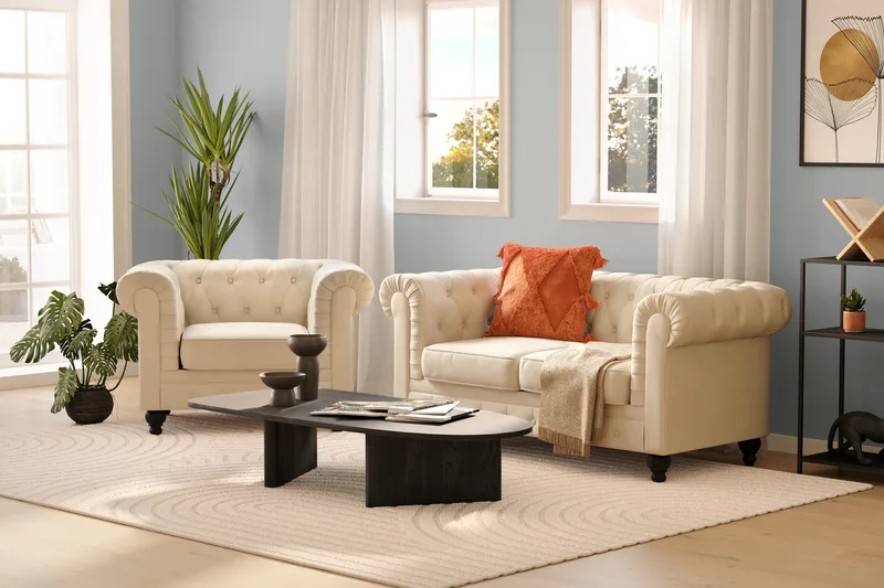 Chesterfield Lyx 2-seter Fløyelssofa – Liten dyp sofa - Beige - Møbler - Sofaer - Fløyelssofaer